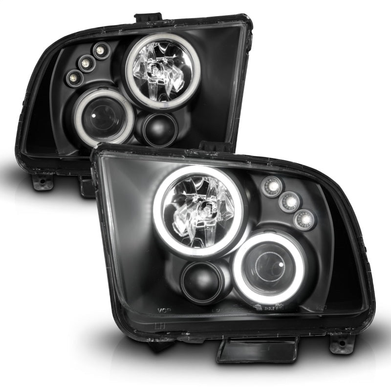 ANZO 2005-2009 Ford Mustang projector headlights with halo black design, showcasing clear lens and black housing.