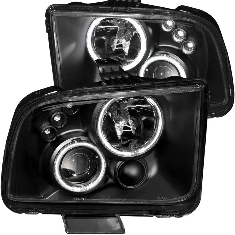 ANZO 2005-2009 Ford Mustang projector headlights with halo black design, showcasing clear lens and black housing.