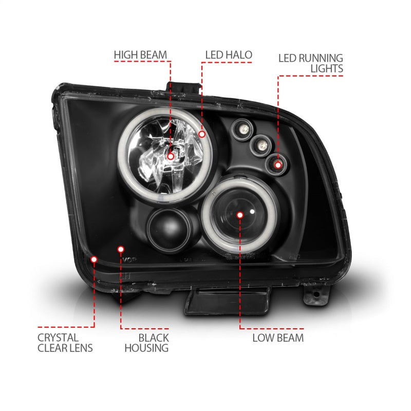 ANZO 2005-2009 Ford Mustang projector headlights with halo black design, showcasing clear lens and black housing.