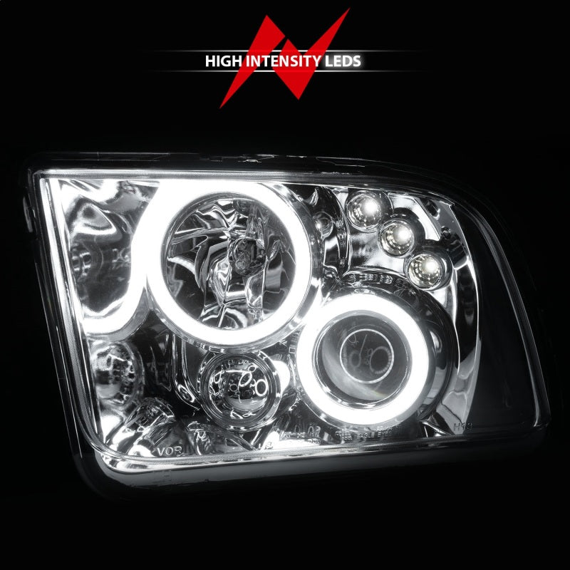 ANZO 2005-2009 Ford Mustang projector headlights with halo chrome design, featuring clear lens and chrome housing.