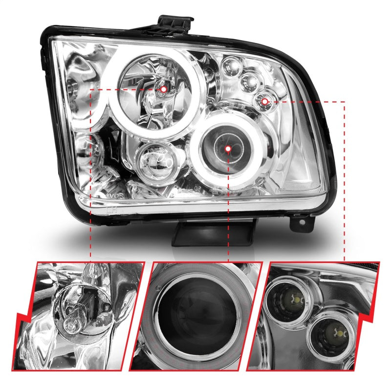 ANZO 2005-2009 Ford Mustang projector headlights with halo chrome design, featuring clear lens and chrome housing.