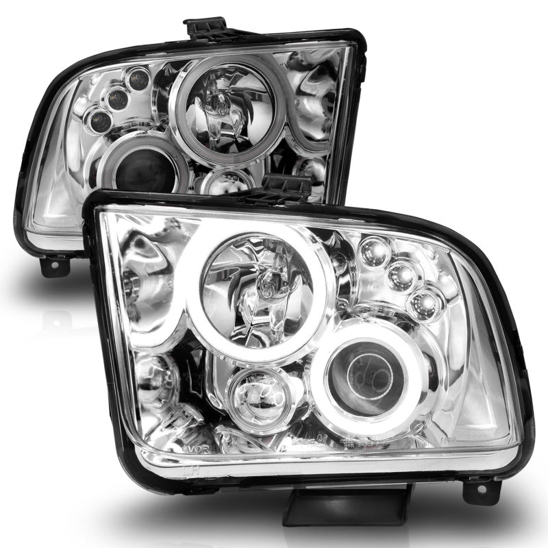 ANZO 2005-2009 Ford Mustang projector headlights with halo chrome design, featuring clear lens and chrome housing.