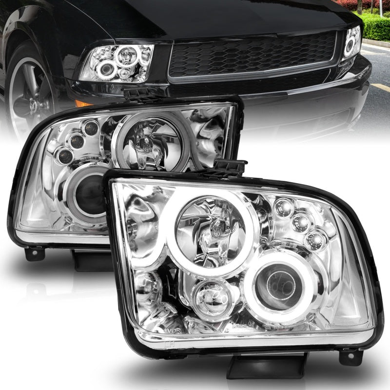 ANZO 2005-2009 Ford Mustang projector headlights with halo chrome design, featuring clear lens and chrome housing.