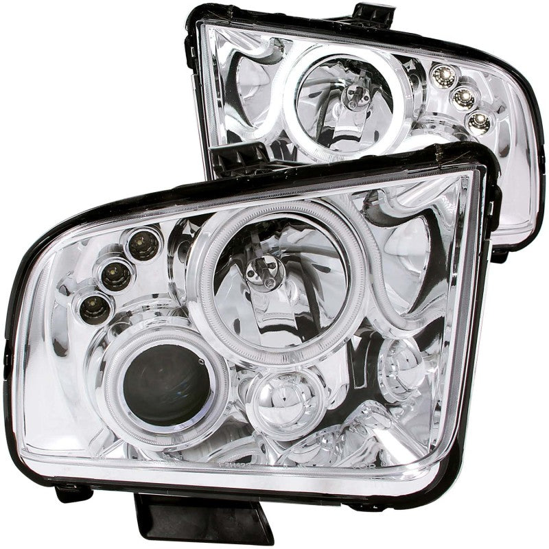 ANZO 2005-2009 Ford Mustang projector headlights with halo chrome design, featuring clear lens and chrome housing.