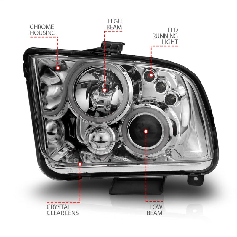 ANZO 2005-2009 Ford Mustang projector headlights with halo chrome design, featuring clear lens and chrome housing.