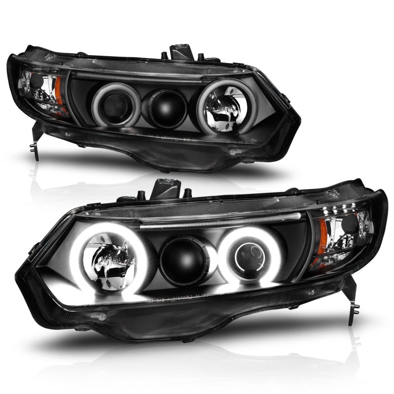 ANZO 2006-2011 Honda Civic Projector Headlights with Halo Black housing and clear lens, showcasing stylish design and enhanced visibility.