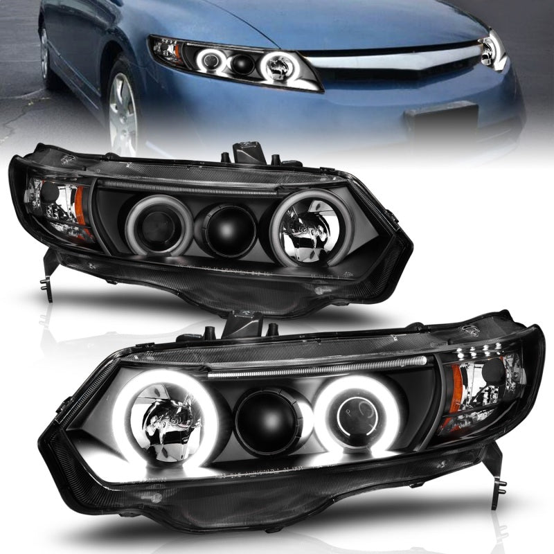 ANZO 2006-2011 Honda Civic Projector Headlights with Halo Black housing and clear lens, showcasing stylish design and enhanced visibility.