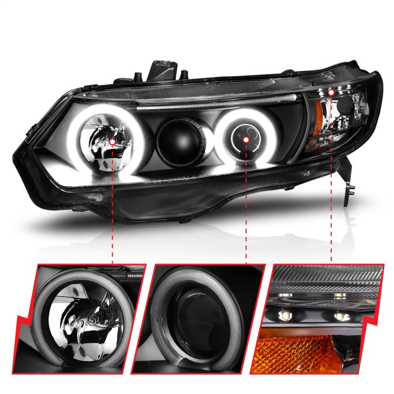 ANZO 2006-2011 Honda Civic Projector Headlights with Halo Black housing and clear lens, showcasing stylish design and enhanced visibility.