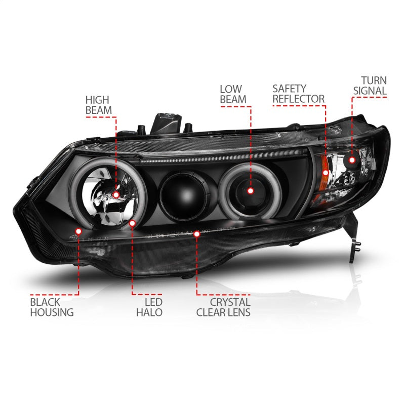 ANZO 2006-2011 Honda Civic Projector Headlights with Halo Black housing and clear lens, showcasing stylish design and enhanced visibility.