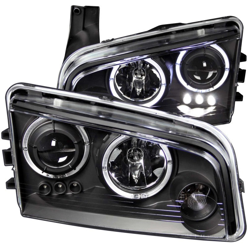 ANZO 2006-2010 Dodge Charger Projector Headlights with Halo in black housing, showcasing clear lens and stylish design.