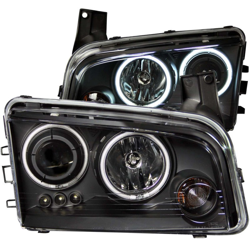 ANZO 2006-2010 Dodge Charger Projector Headlights with Halo Chrome, featuring clear lens and black housing design.