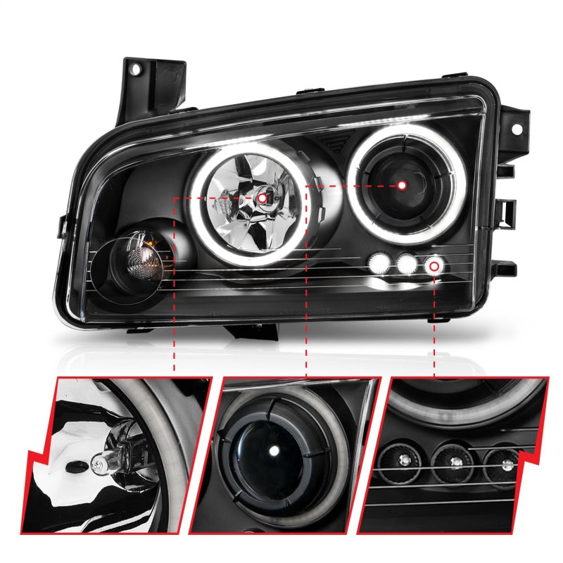 ANZO 2006-2010 Dodge Charger Projector Headlights with Halo Chrome, featuring clear lens and black housing design.