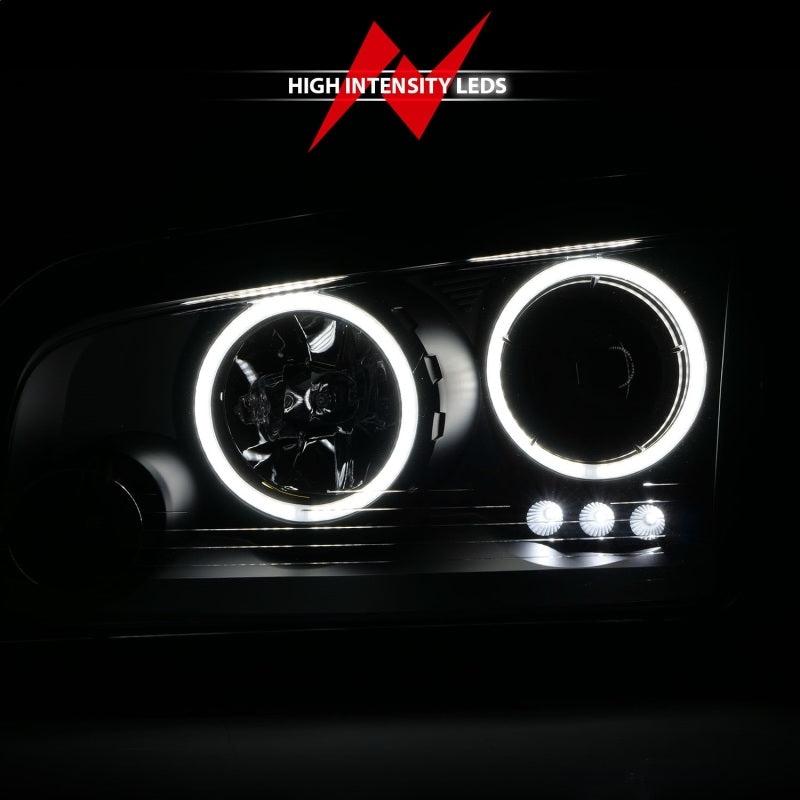 ANZO 2006-2010 Dodge Charger Projector Headlights with Halo Chrome, featuring clear lens and black housing design.