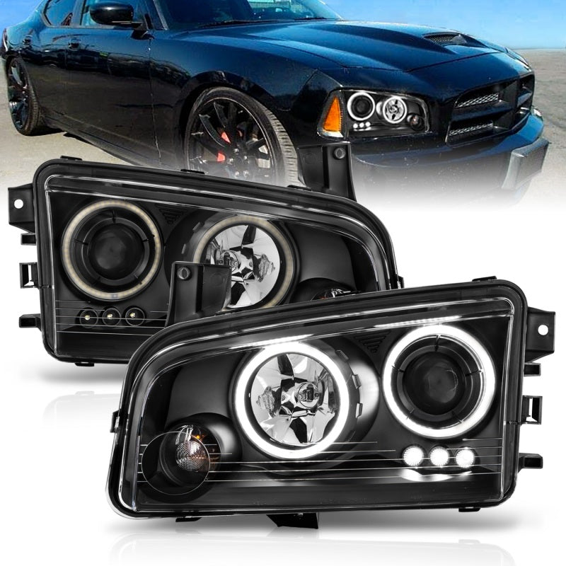 ANZO 2006-2010 Dodge Charger Projector Headlights with Halo Chrome, featuring clear lens and black housing design.