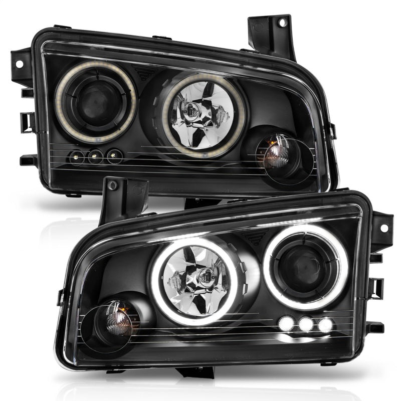 ANZO 2006-2010 Dodge Charger Projector Headlights with Halo Chrome, featuring clear lens and black housing design.