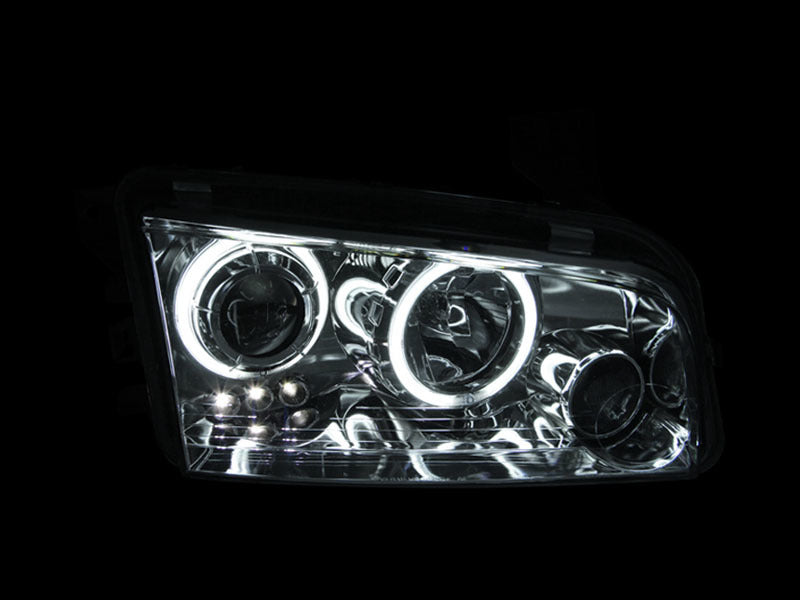 ANZO 2006-2010 Dodge Charger Projector Headlights with Halo Chrome, featuring clear lens and black housing design.