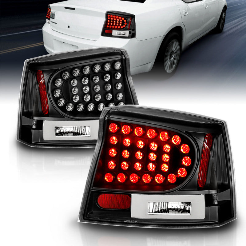 ANZO 2006-2008 Dodge Charger LED taillights with black housing and clear lens, showcasing modern design and enhanced visibility.