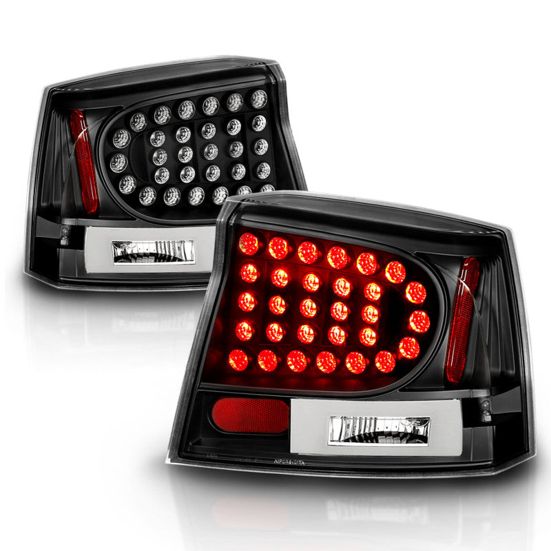 ANZO 2006-2008 Dodge Charger LED taillights with black housing and clear lens, showcasing modern design and enhanced visibility.