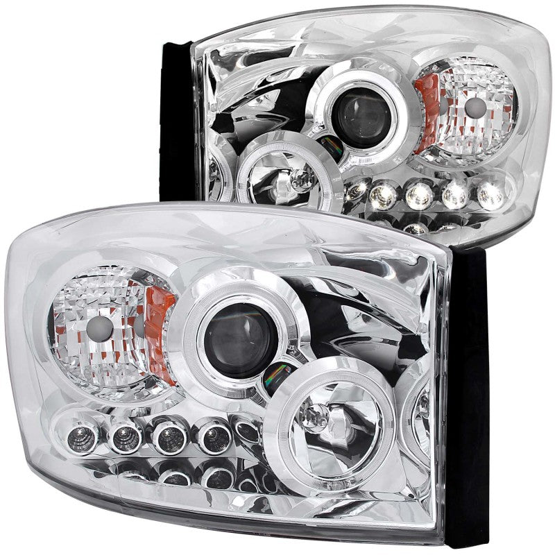 ANZO 2006-2008 Dodge Ram 1500 Projector Headlights with Halo Chrome, showcasing clear lens and chrome housing.