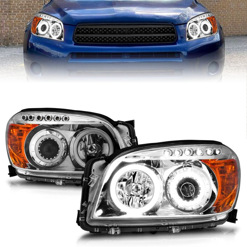 ANZO 2006-2008 Toyota Rav4 Projector Headlights with Halo Chrome, showcasing clear lens and chrome housing.