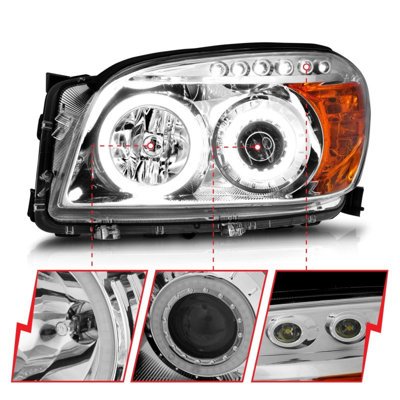 ANZO 2006-2008 Toyota Rav4 Projector Headlights with Halo Chrome, showcasing clear lens and chrome housing.