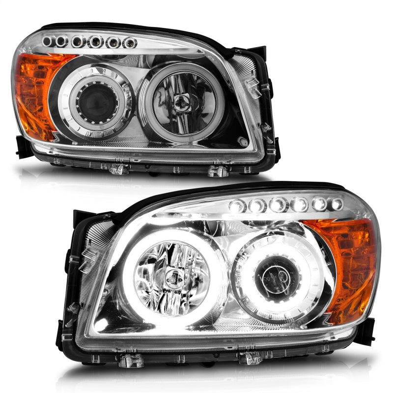 ANZO 2006-2008 Toyota Rav4 Projector Headlights with Halo Chrome, showcasing clear lens and chrome housing.