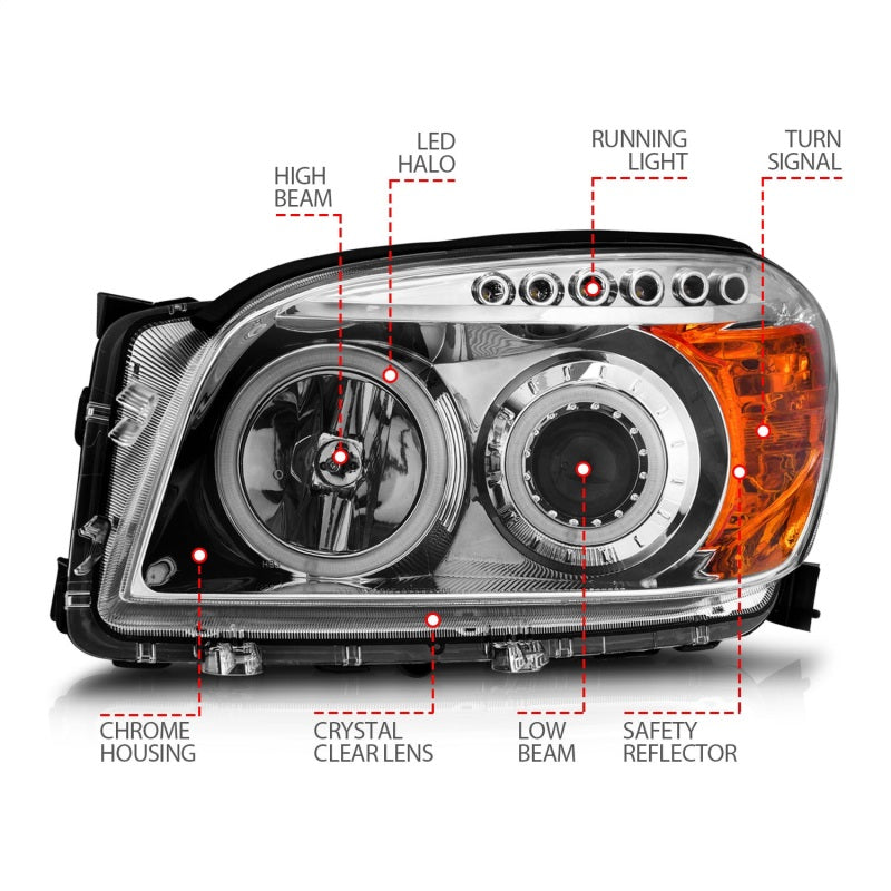 ANZO 2006-2008 Toyota Rav4 Projector Headlights with Halo Chrome, showcasing clear lens and chrome housing.