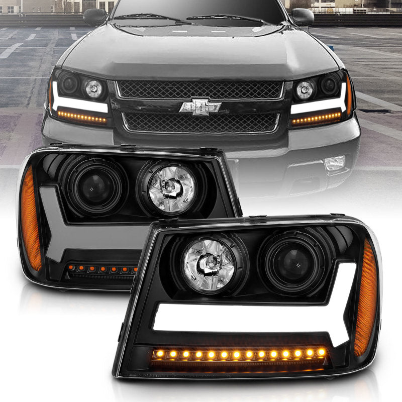 ANZO projector headlights for 2006-2009 Chevrolet Trailblazer with plank style design, showcasing modern aesthetics and superior illumination.