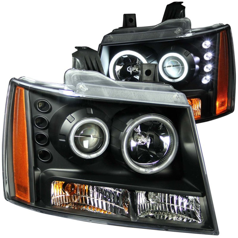 ANZO 2007-2013 Chevrolet Avalanche projector headlights with halo feature and black housing, showcasing modern design and clear lens.