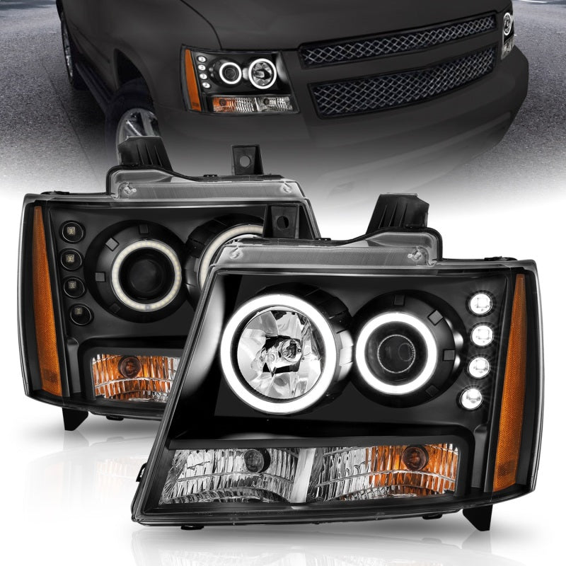 ANZO 2007-2013 Chevrolet Avalanche projector headlights with halo feature and black housing, showcasing modern design and clear lens.