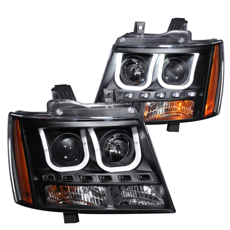 ANZO 2007-2013 Chevrolet Avalanche Projector Headlights with U-Bar in Black, showcasing clear lens and sleek design.