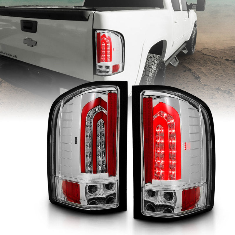 ANZO LED Taillights for 2007-2013 Chevrolet Silverado 1500 with chrome housing, showcasing modern design and bright LED lights.