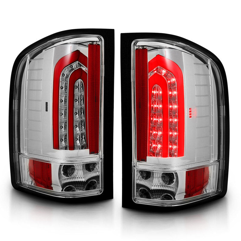 ANZO LED Taillights for 2007-2013 Chevrolet Silverado 1500 with chrome housing, showcasing modern design and bright LED lights.