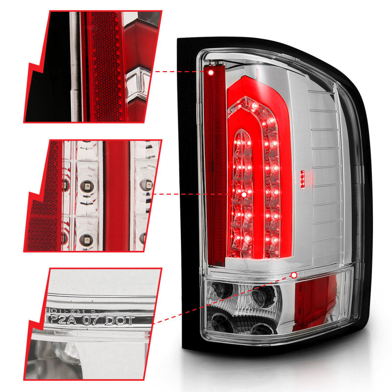 ANZO LED Taillights for 2007-2013 Chevrolet Silverado 1500 with chrome housing, showcasing modern design and bright LED lights.