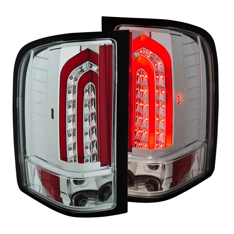 ANZO LED Taillights for 2007-2013 Chevrolet Silverado 1500 with chrome housing, showcasing modern design and bright LED lights.