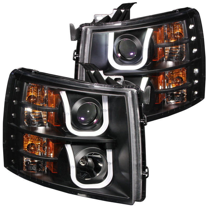 ANZO 2007-2013 Chevrolet Silverado 1500 Projector Headlights with U-Bar design, featuring clear lens and black housing.