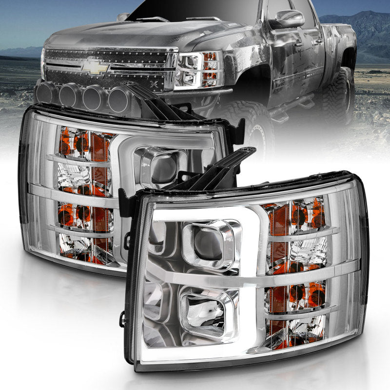 ANZO 2007-2013 Chevy Silverado 1500 Projector Headlight Set with clear lens and chrome housing.