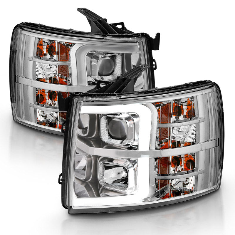 ANZO 2007-2013 Chevy Silverado 1500 Projector Headlight Set with clear lens and chrome housing.