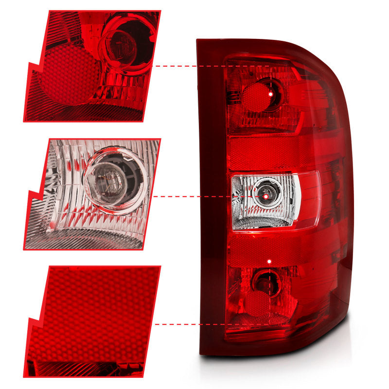 ANZO 2007-2013 Chevy Silverado taillight featuring a red and clear lens design, showcasing its modern styling and high-quality construction.