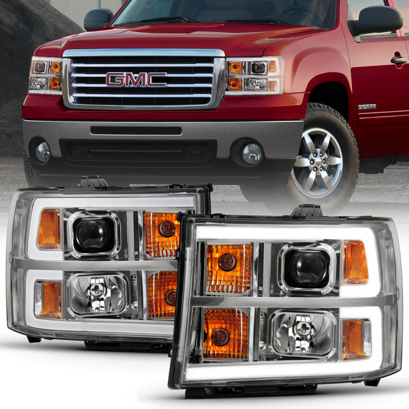 ANZO 2007-2013 GMC Sierra 1500 projector headlights in chrome finish, showcasing modern design and advanced lighting technology.