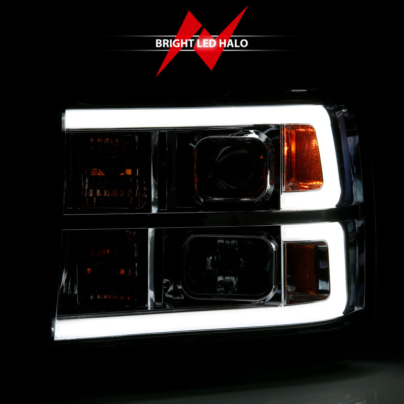 ANZO 2007-2013 GMC Sierra 1500 projector headlights in chrome finish, showcasing modern design and advanced lighting technology.