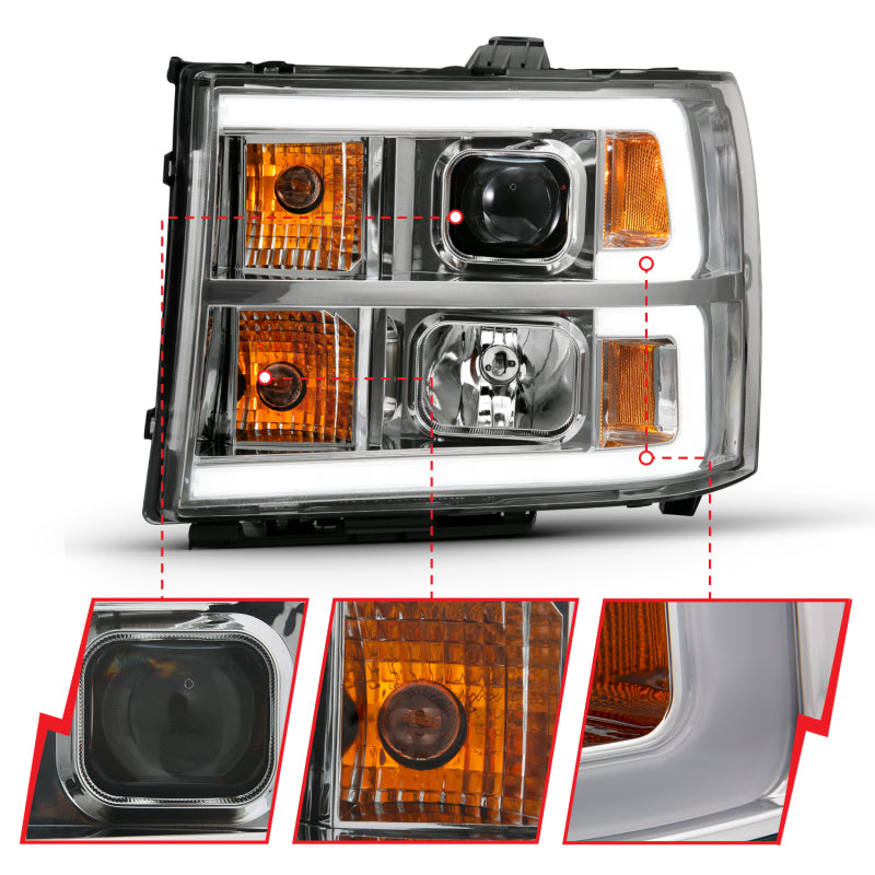 ANZO 2007-2013 GMC Sierra 1500 projector headlights in chrome finish, showcasing modern design and advanced lighting technology.