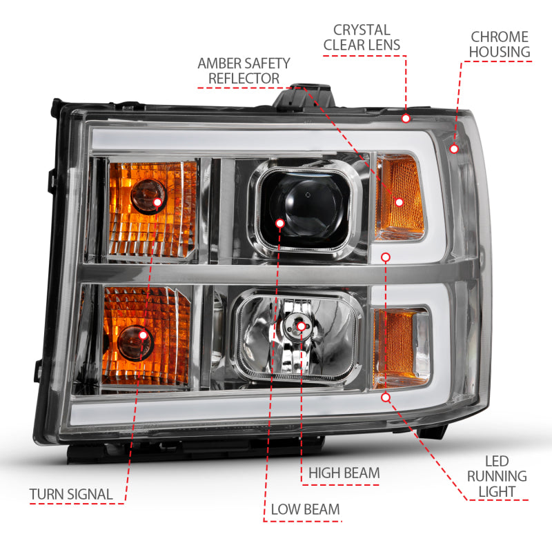 ANZO 2007-2013 GMC Sierra 1500 projector headlights in chrome finish, showcasing modern design and advanced lighting technology.