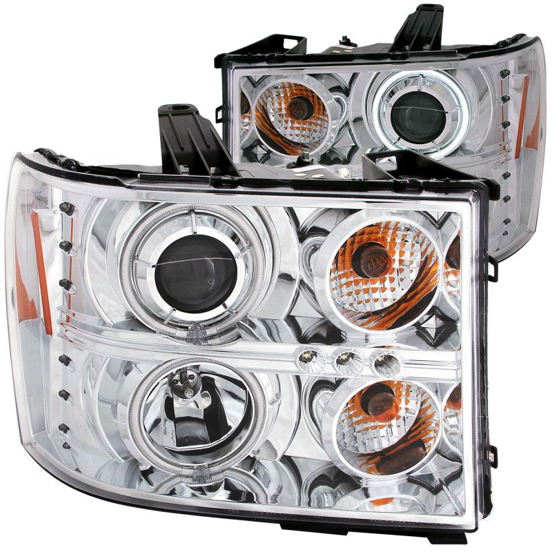 ANZO 2007-2013 GMC Sierra 1500 Projector Headlights with Halo Chrome, showcasing clear lens and chrome housing.