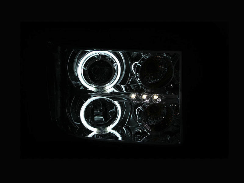 ANZO 2007-2013 GMC Sierra 1500 Projector Headlights with Halo Chrome, showcasing clear lens and chrome housing.