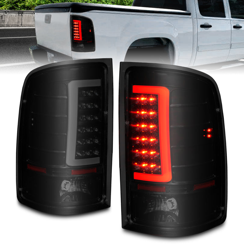 ANZO 2007-2013 GMC Sierra LED Tail Lights with Light Bar in Black Housing, showcasing sleek design and bright LED lights.