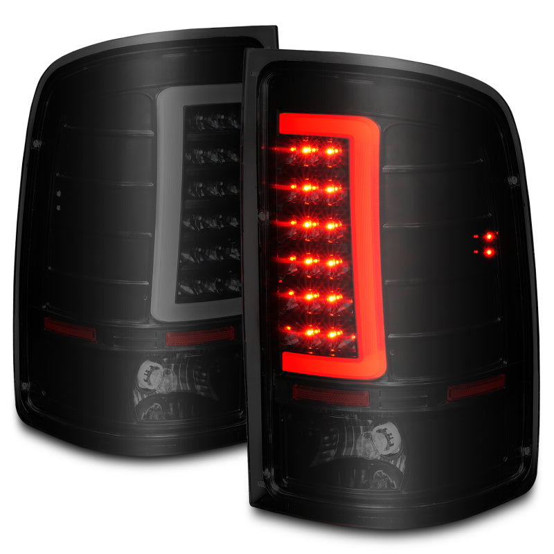 ANZO 2007-2013 GMC Sierra LED Tail Lights with Light Bar in Black Housing, showcasing sleek design and bright LED lights.