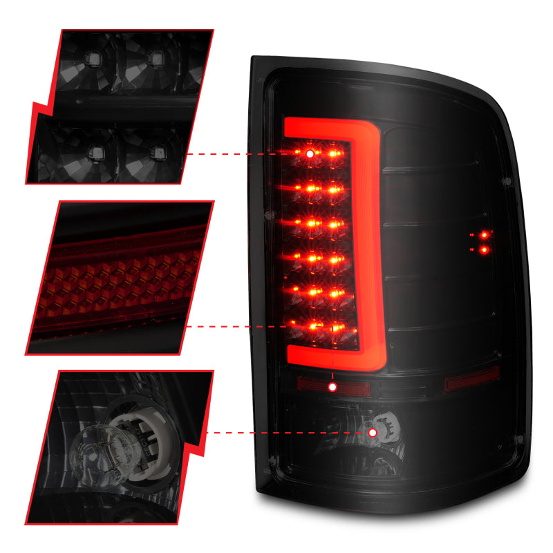 ANZO 2007-2013 GMC Sierra LED Tail Lights with Light Bar in Black Housing, showcasing sleek design and bright LED lights.