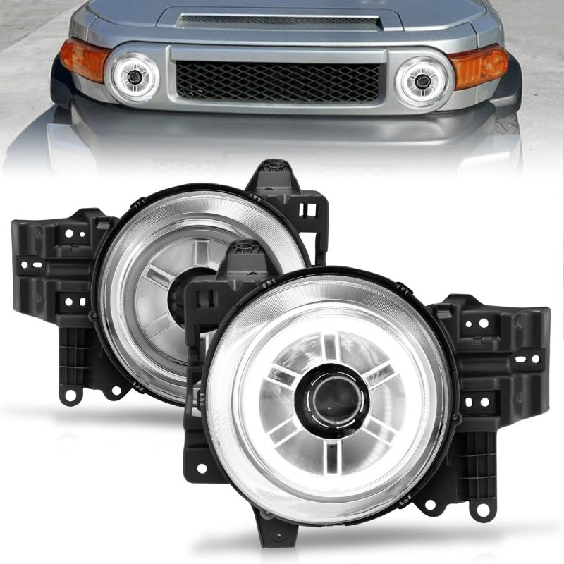 ANZO 2007-2013 Toyota FJ Cruiser Projector Headlights with Halo Chrome, showcasing clear lens and chrome housing.