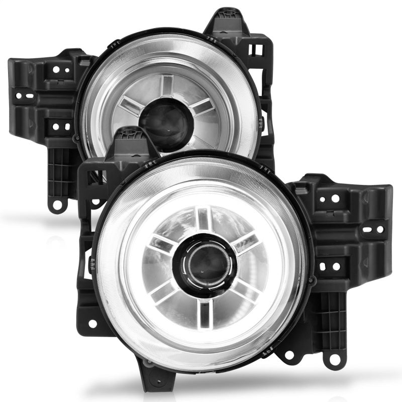 ANZO 2007-2013 Toyota FJ Cruiser Projector Headlights with Halo Chrome, showcasing clear lens and chrome housing.